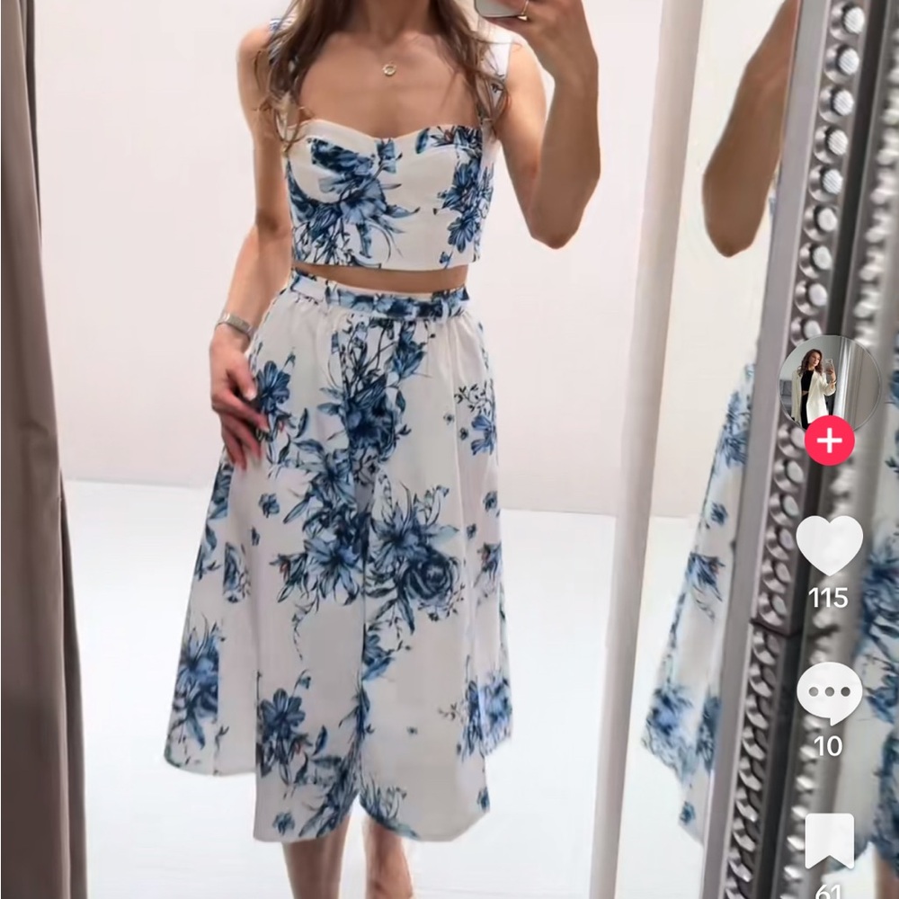 Zara Blue and White Floral A-Line Skirt